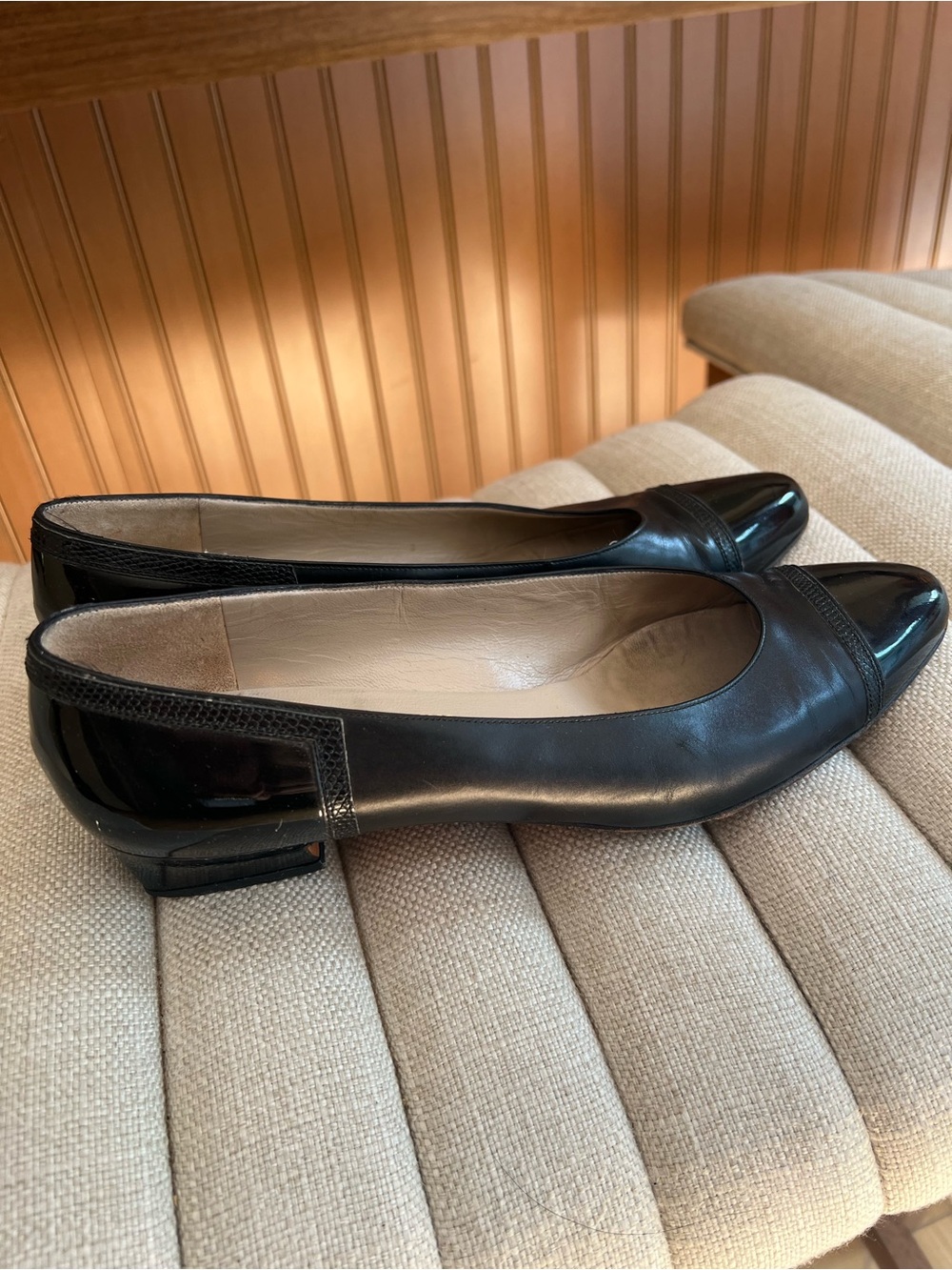 Vintage Salvatore Ferragamo Black Leather Cap-Toe Pumps